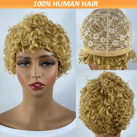 Curly Real Human Hair Wigs For Women, Curly Pixie Cut Wigs, Ultra-Short African Curls, Breathable Cap, Suitable For All Ethnicities. (option: 27hao-4inch)