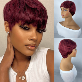 Short And Straight, Elf, Human Hair Non-toxic Wig, Burgundy, Short And Elf Haircut, Ladies Wig, Applicable To The Whole Scene. (option: Wine red-4inch)